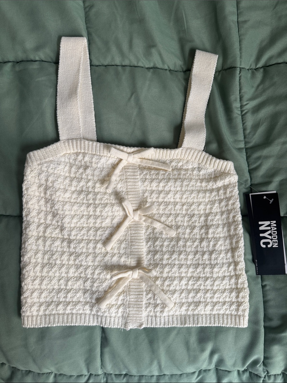 Madden NYC Cream Knit Bow-Front Crop Tank